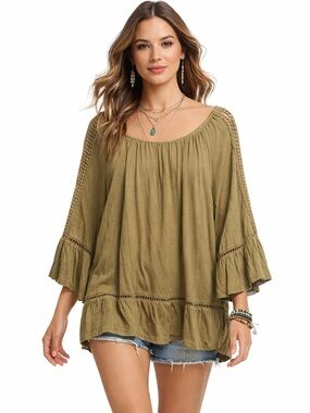 John Paul Richard Petite Olive Green Crochet Lace Ruffle Peasant Top